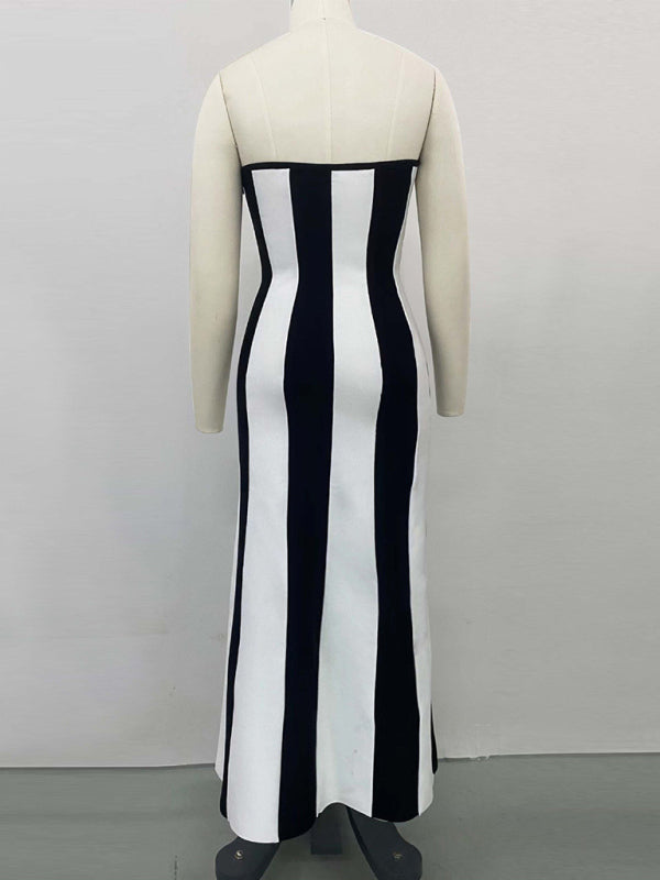 Strapless black and white striped dress