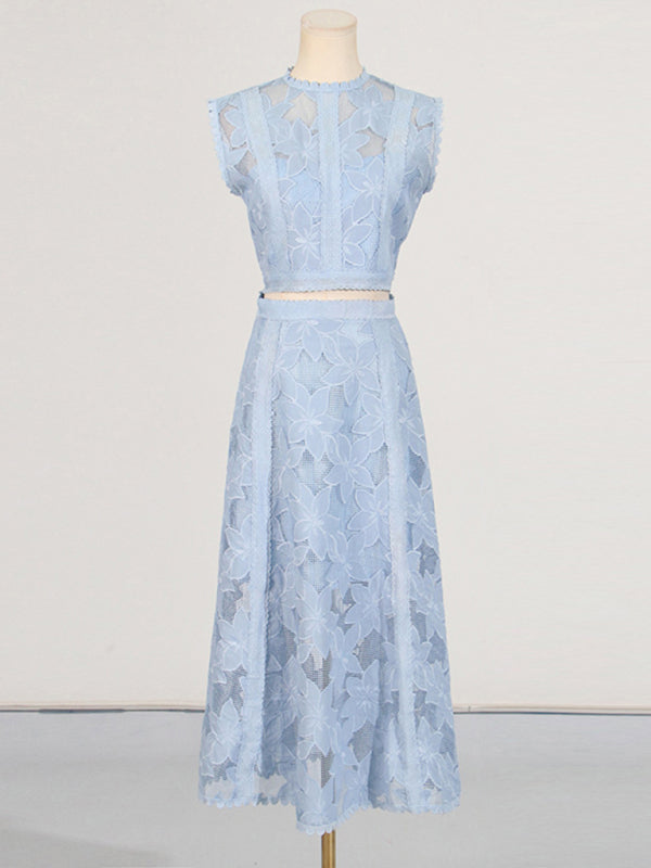 Women's Round Neck Sleeveless Top + High Waist Embroidered Skirt Set