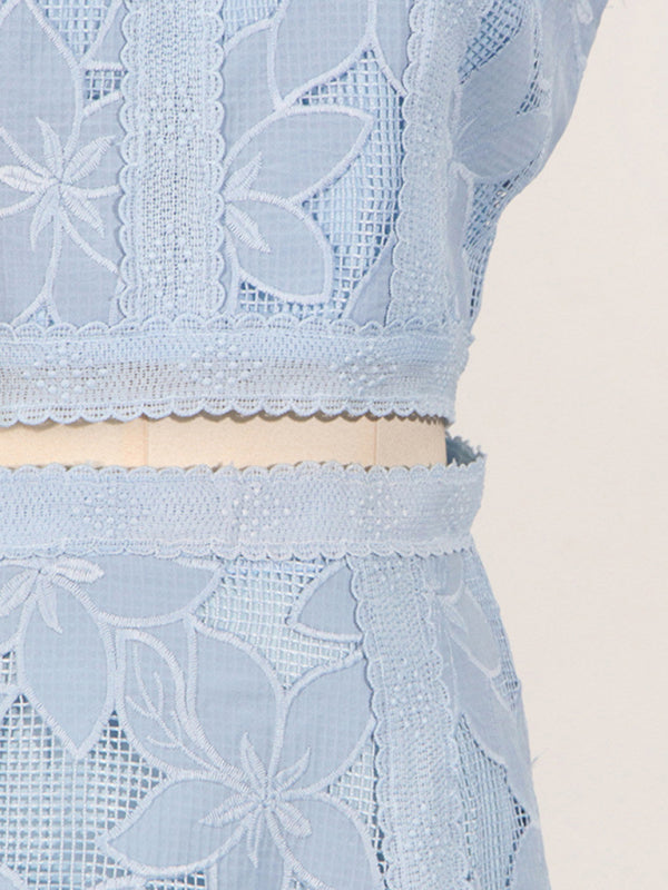 Women's Round Neck Sleeveless Top + High Waist Embroidered Skirt Set