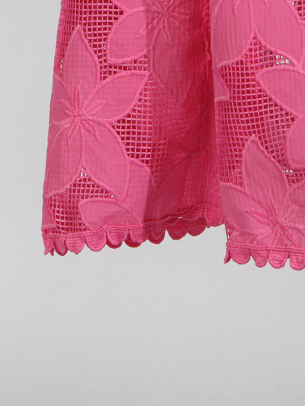 Women's Round Neck Sleeveless Top + High Waist Embroidered Skirt Set