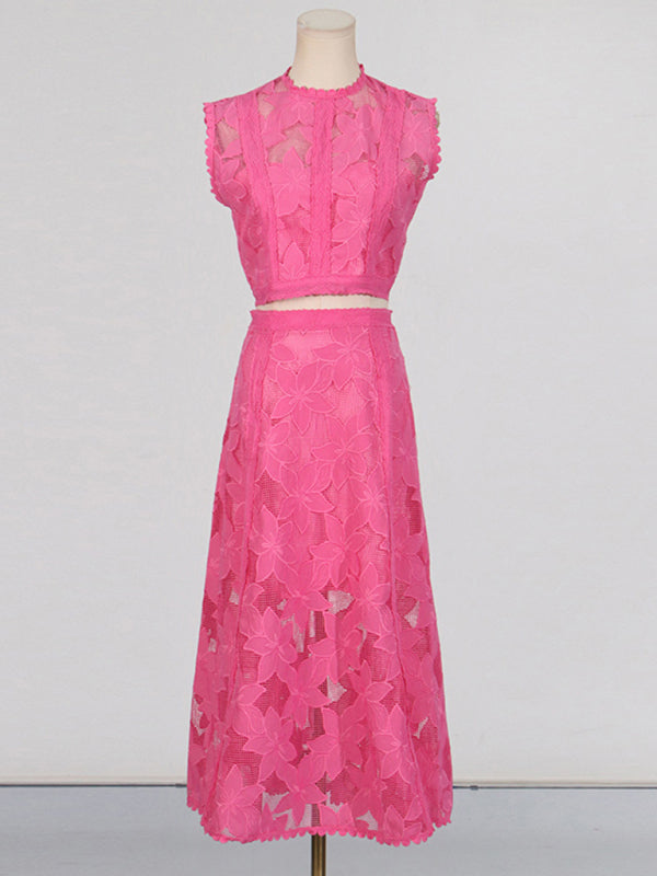 Women's Round Neck Sleeveless Top + High Waist Embroidered Skirt Set