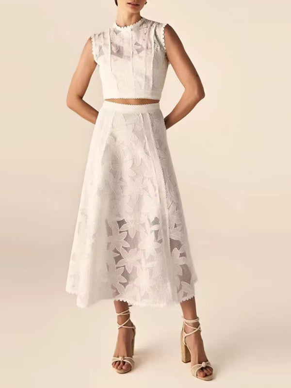 Women's Round Neck Sleeveless Top + High Waist Embroidered Skirt Set