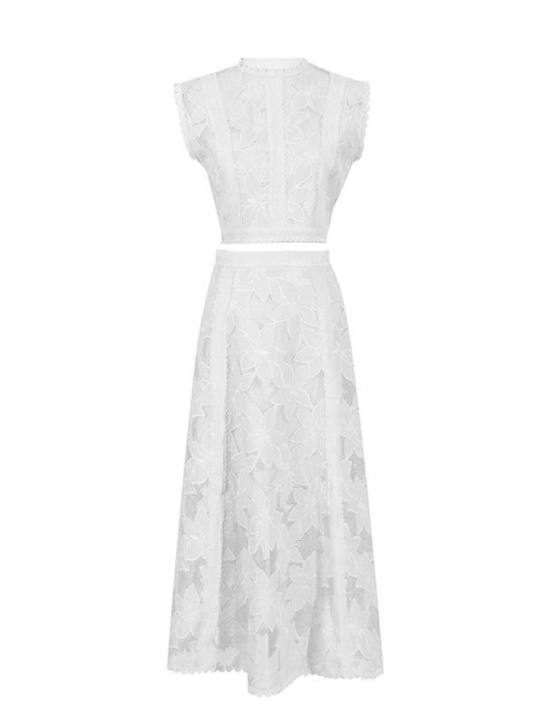 Women's Round Neck Sleeveless Top + High Waist Embroidered Skirt Set