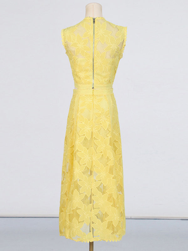 Women's Round Neck Sleeveless Top + High Waist Embroidered Skirt Set