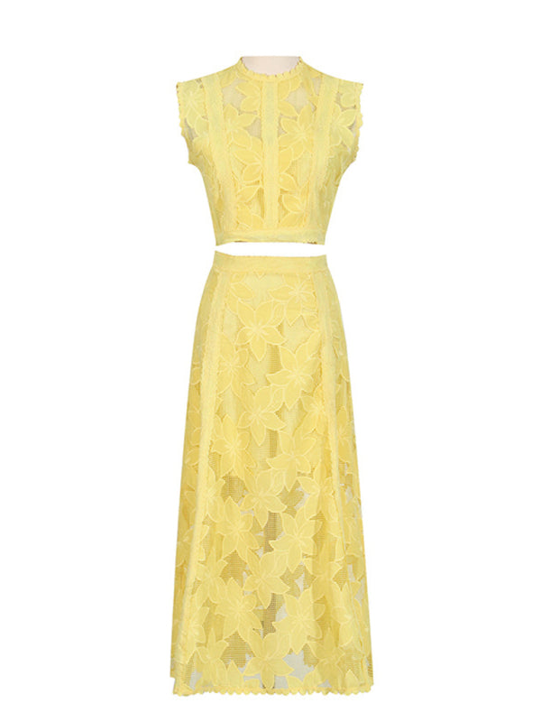 Women's Round Neck Sleeveless Top + High Waist Embroidered Skirt Set