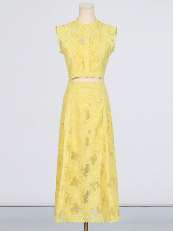 Women's Round Neck Sleeveless Top + High Waist Embroidered Skirt Set