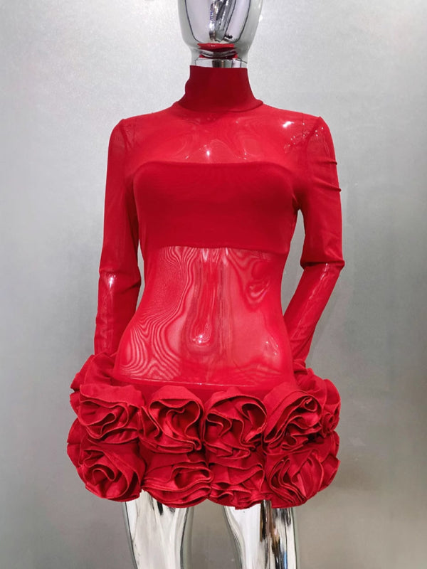 See-through mesh flower bud skirt ultra-short red dress