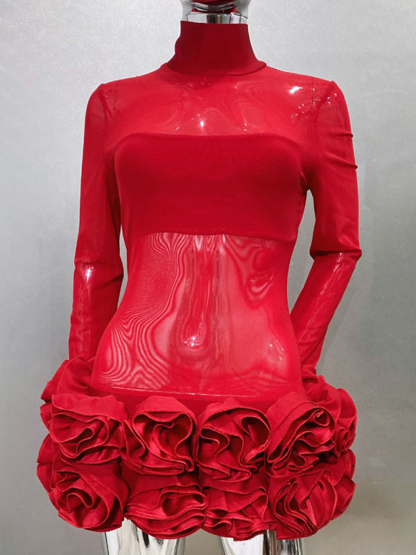 See-through mesh flower bud skirt ultra-short red dress