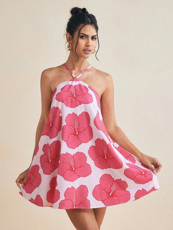 Women's halter neck long swing printed short dress
