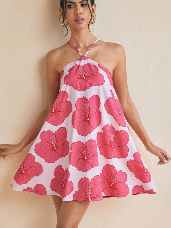 Women's halter neck long swing printed short dress