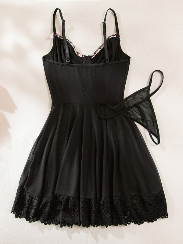 Lace stitching bow ribbon dress nightdress two-piece set