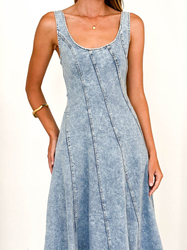 Sleeveless Backless Midi Strap Long Denim Dress