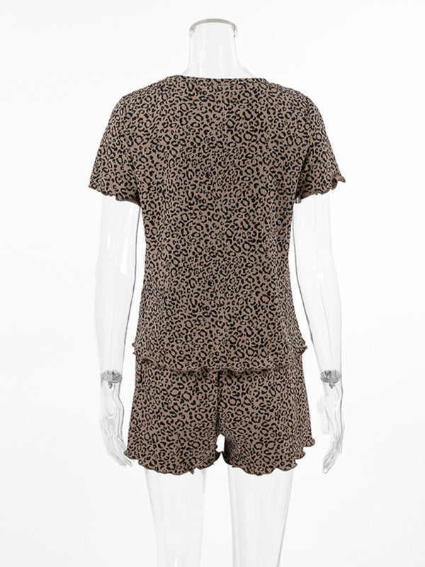 Women’s Leopard-Print Round-Neck Short-Sleeve Shorts Pajama Set