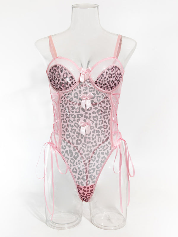 Leopard print polka dot perspective backless suspender bodysuit