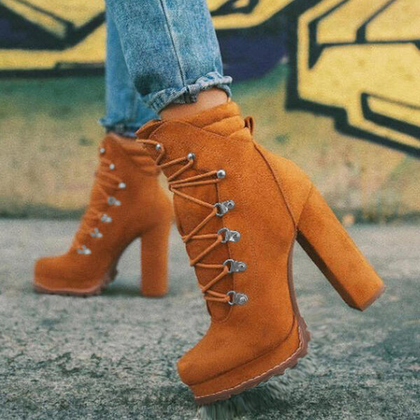 Chunky Platform  Round Toe Lace UP  Mid Calf High Heels Boots