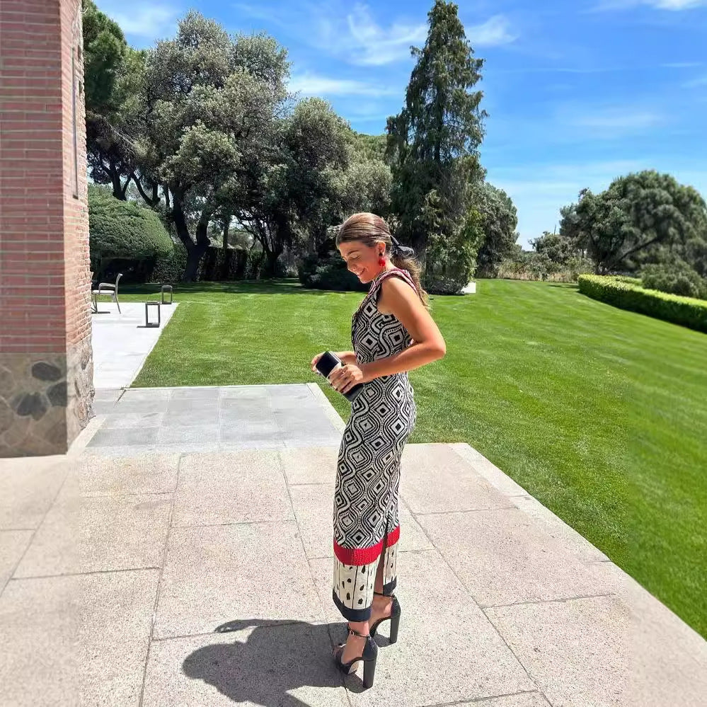 Retro Style Sleeveless  Color Collision Design Waist Trimming Printing Dress