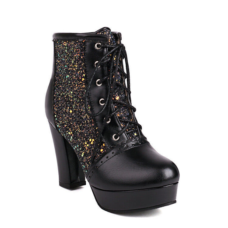 Autumn And Winter Thick Heel Lace-up Sequins Fashion Boots