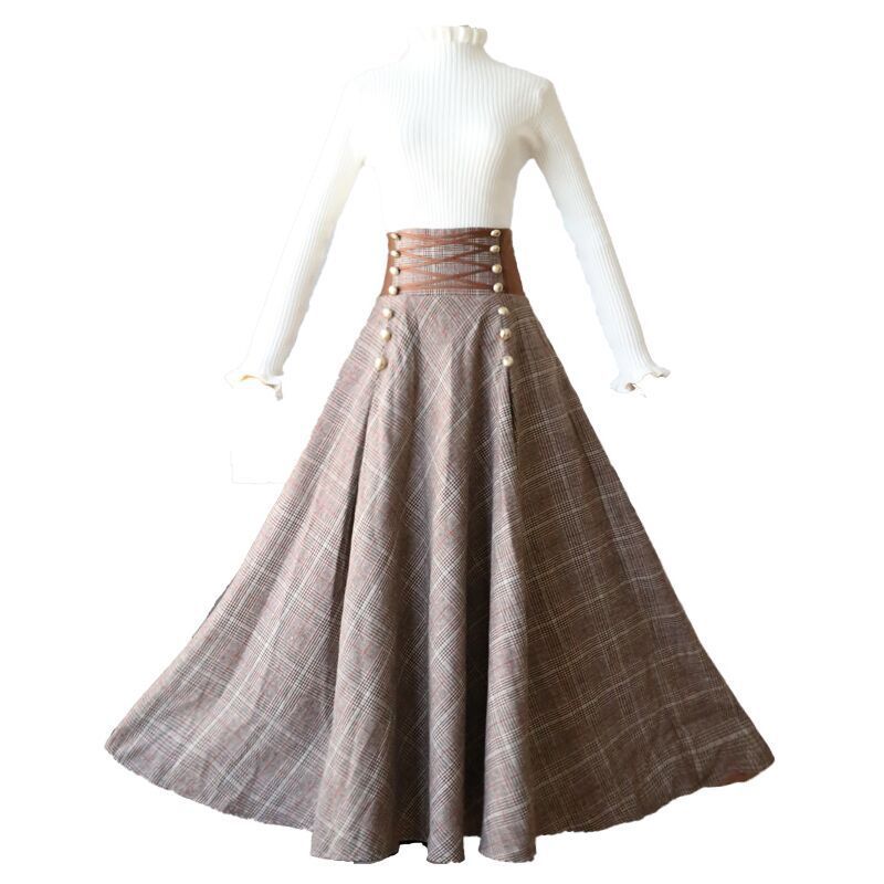 Vintage High Waist Long Sleeve Long Skirt Set