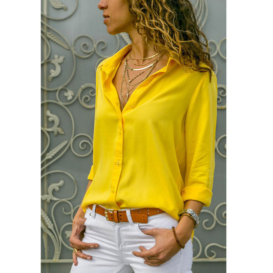 Solid Color Deep V Button Women's Long Sleeved Shirt