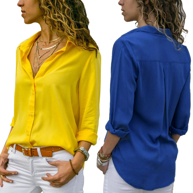 Solid Color Deep V Button Women's Long Sleeved Shirt