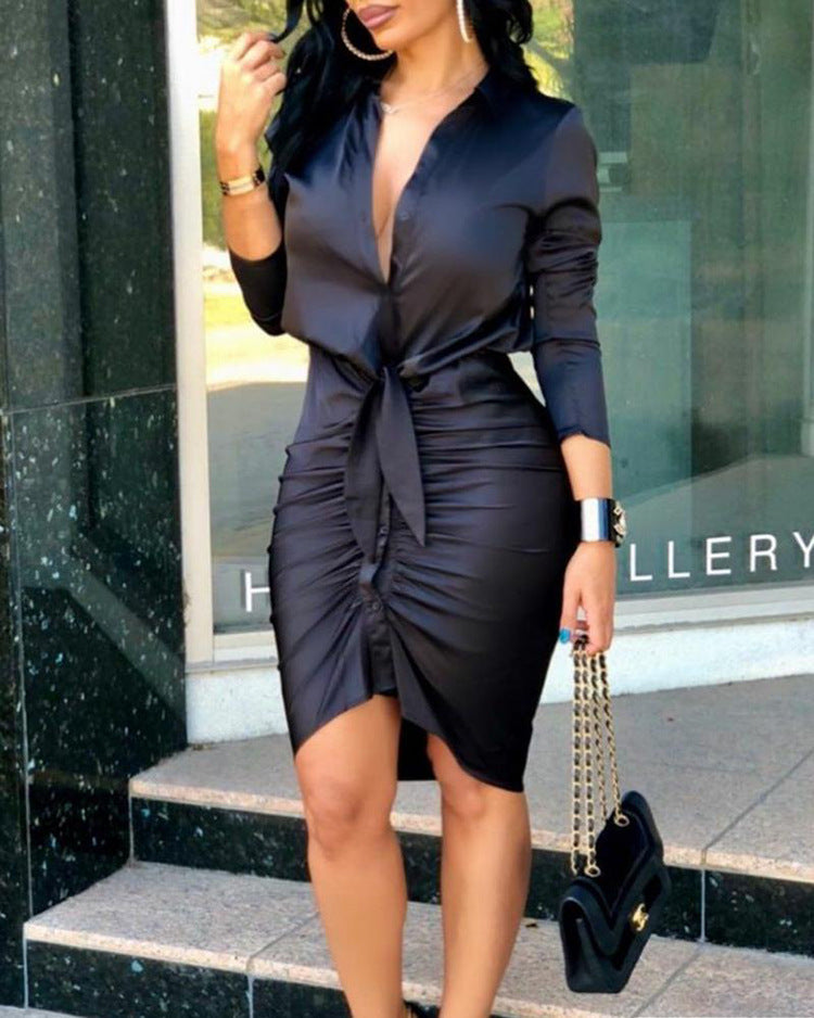 Women Lace-up Solid Color Long Sleeve Midi Shirt  Elegant Fashion Party Dress
