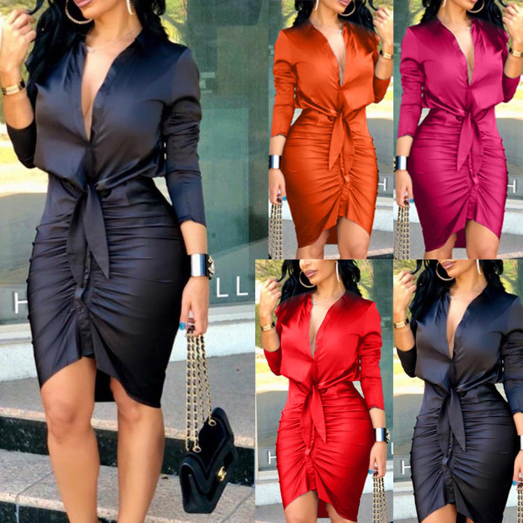 Women Lace-up Solid Color Long Sleeve Midi Shirt  Elegant Fashion Party Dress
