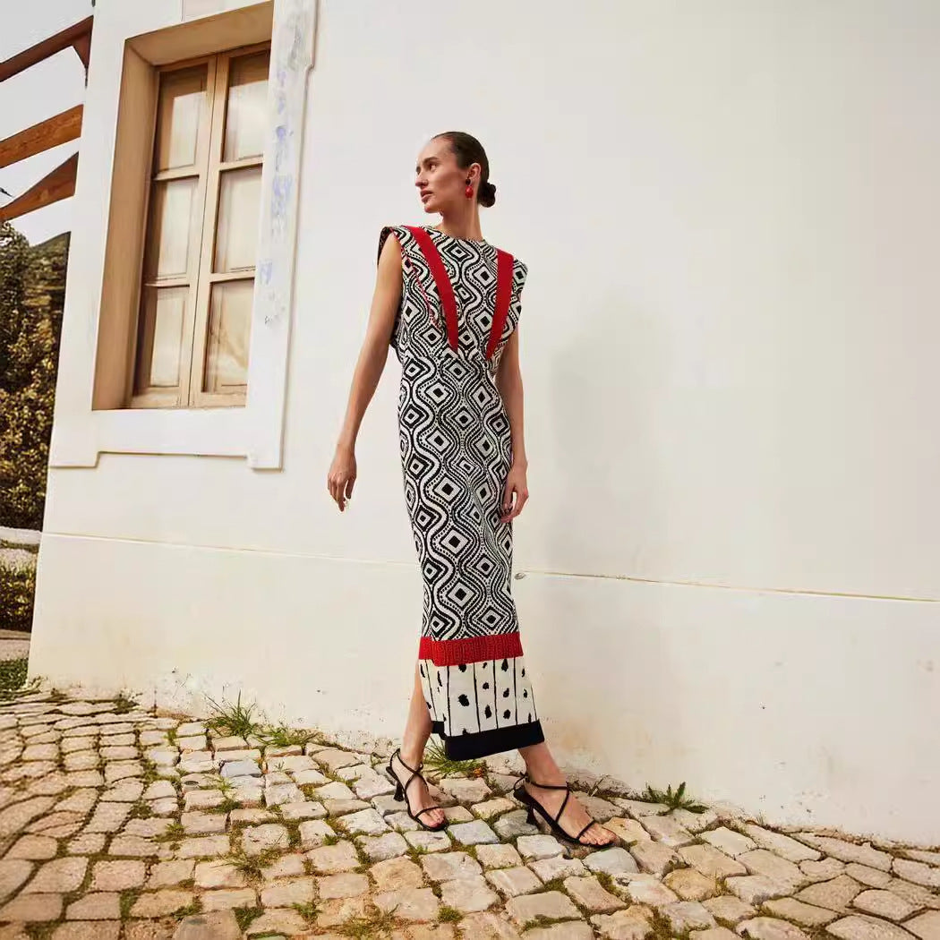 Retro Style Sleeveless  Color Collision Design Waist Trimming Printing Dress