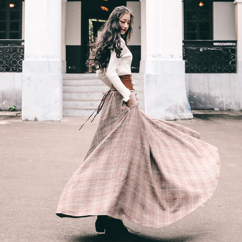 Vintage High Waist Long Sleeve Long Skirt Set