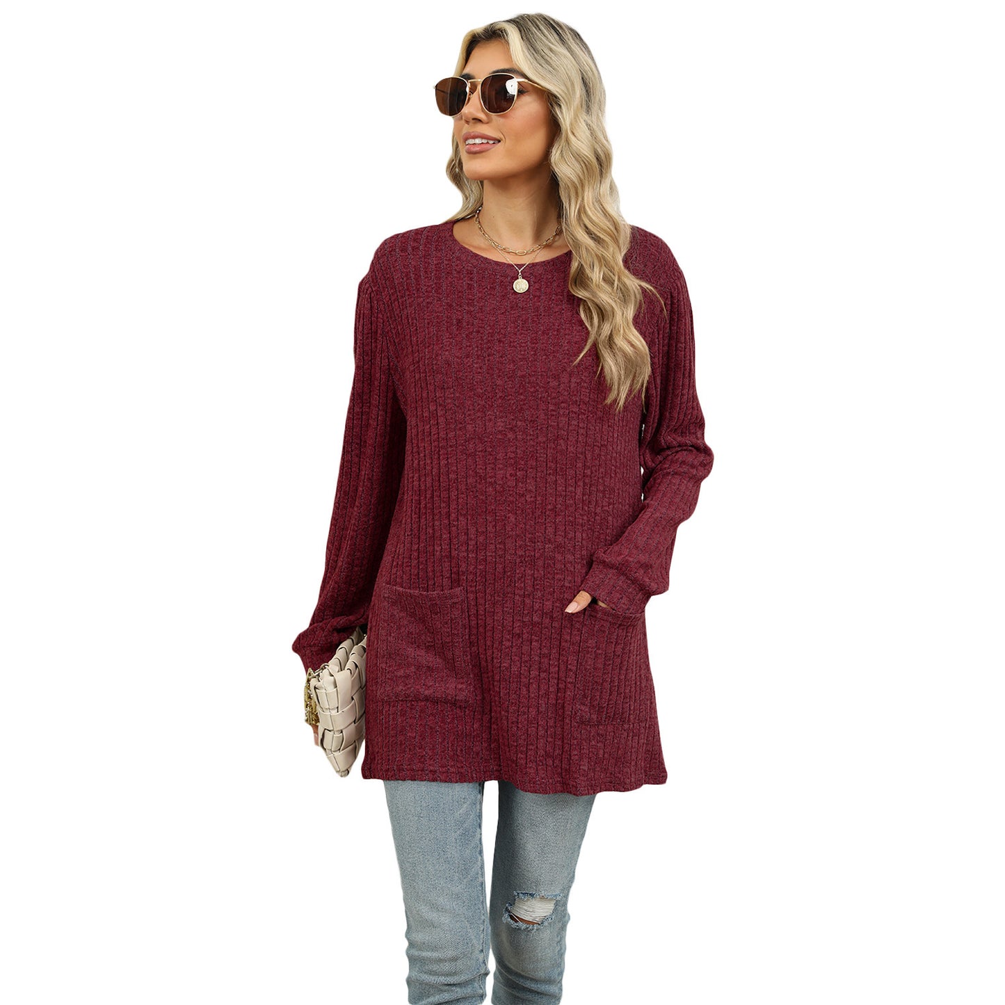 Casual Round Neck Pocket Puff Sleeve Loose Top