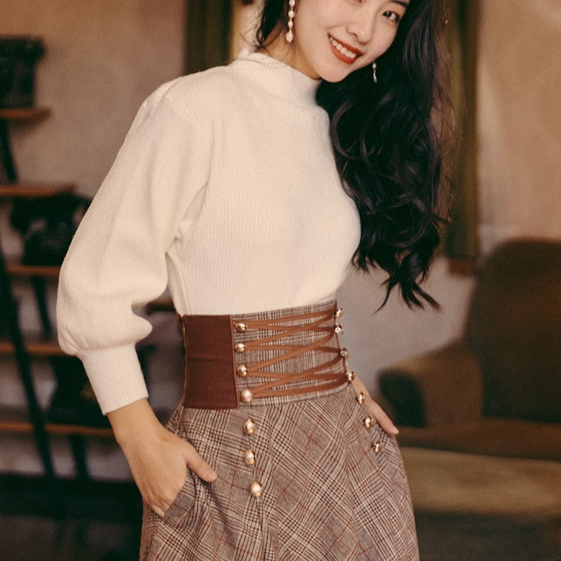 Vintage High Waist Long Sleeve Long Skirt Set