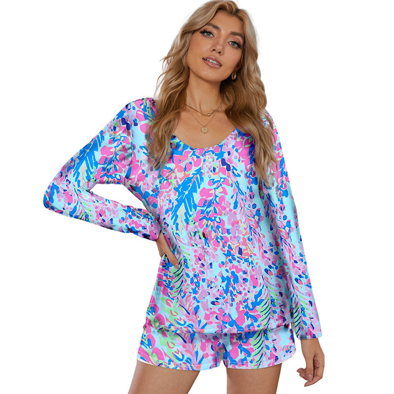 Long Sleeve Shorts Casual Print Top Women's Suit