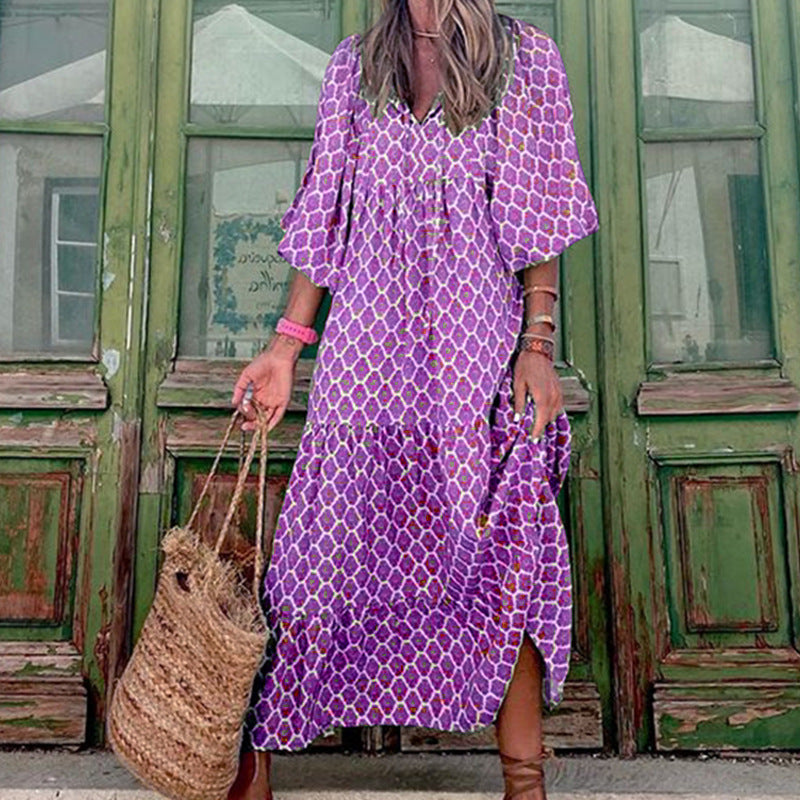 Summer  Vintage Printed Bohemian  Elegant  Casual Loose V-Neck Short Sleeve Long Dress