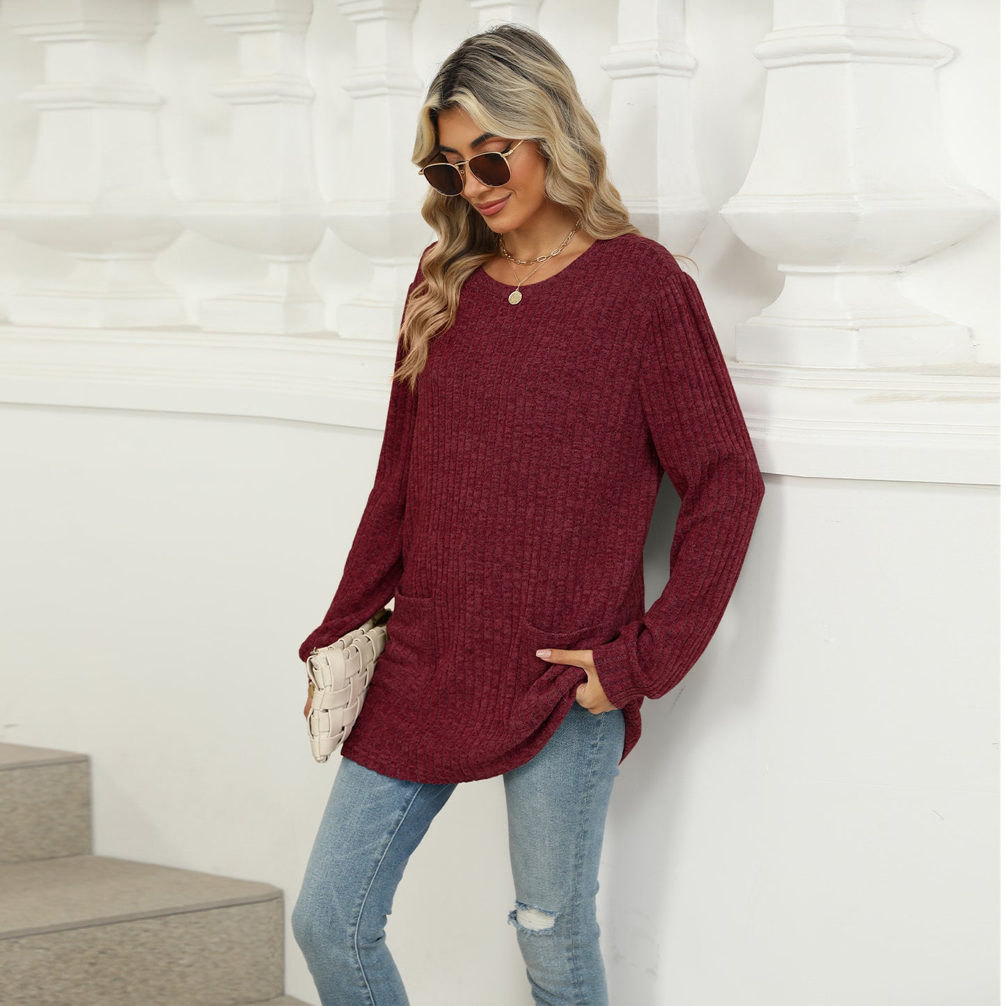 Casual Round Neck Pocket Puff Sleeve Loose Top