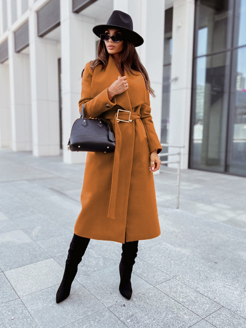 Autumn And Winter Simplicity Long Sleeve Button V-neck Lace Up Coat