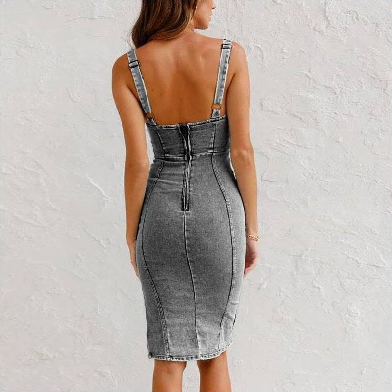 U-neck  Denim Bodycon Sleeveless  Tight Slim Fit  With Slit Design Dress