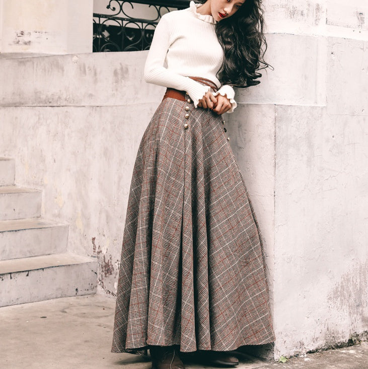 Vintage High Waist Long Sleeve Long Skirt Set