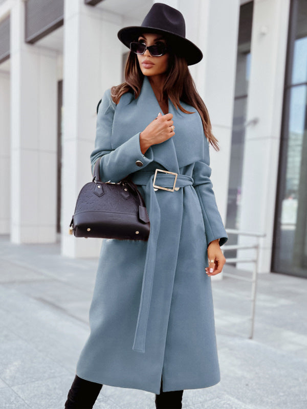 Autumn And Winter Simplicity Long Sleeve Button V-neck Lace Up Coat