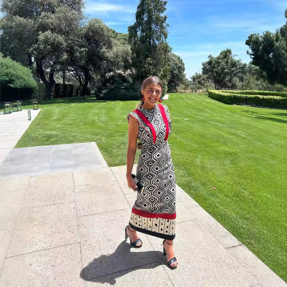 Retro Style Sleeveless  Color Collision Design Waist Trimming Printing Dress