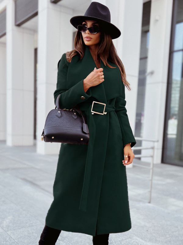 Autumn And Winter Simplicity Long Sleeve Button V-neck Lace Up Coat