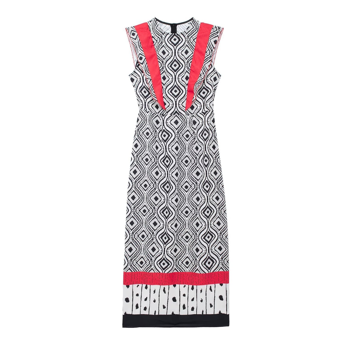 Retro Style Sleeveless  Color Collision Design Waist Trimming Printing Dress