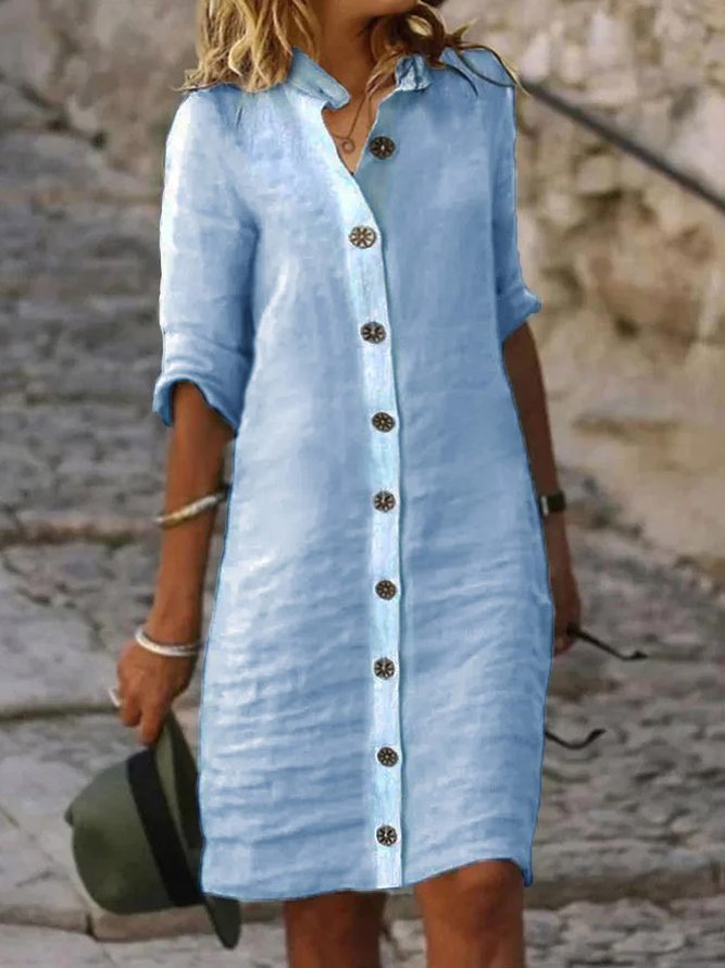 Shirt Collar Half Sleeve Large Round Buckle Cotton And Linen Dress