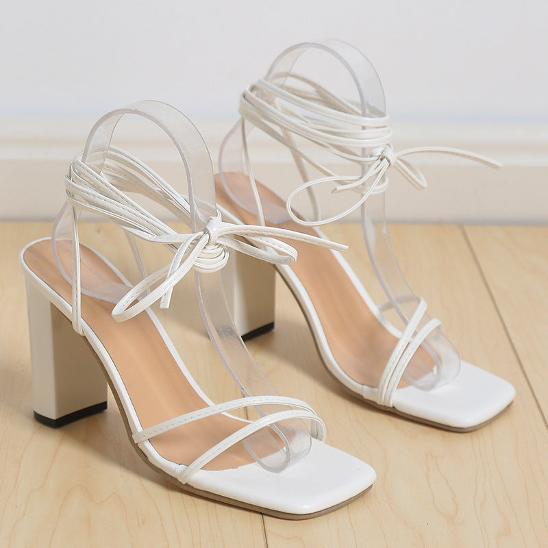 Lace Up Strappy Sandals Summer Chunky Heel Square Toe Shoes