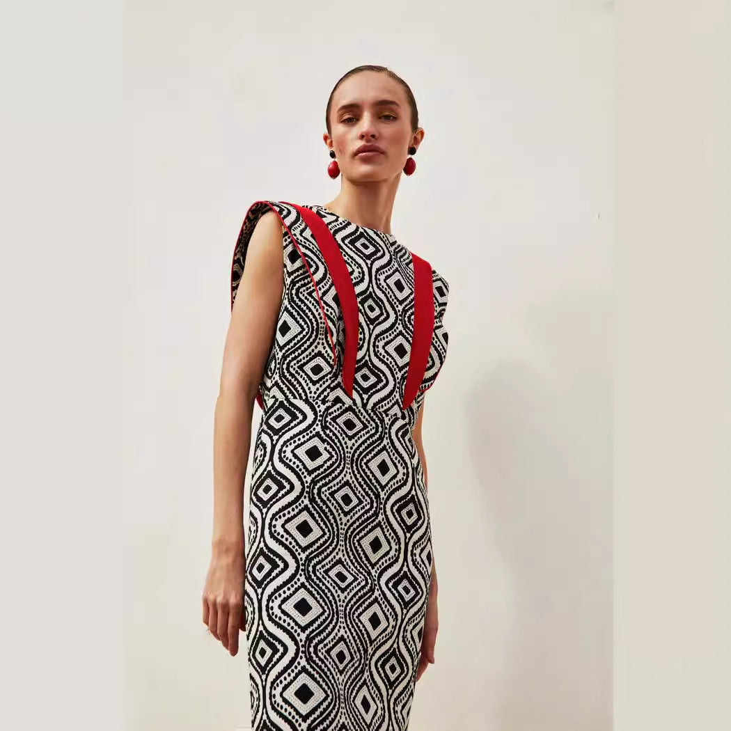 Retro Style Sleeveless  Color Collision Design Waist Trimming Printing Dress