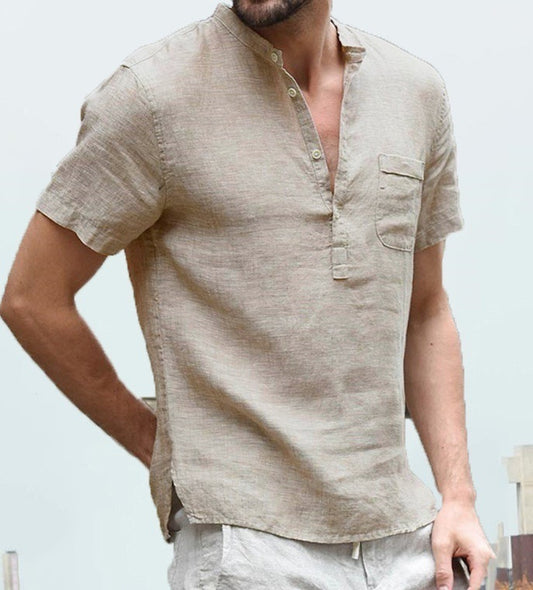 Casual Linen Solid Color Shirt Button V Neck Shirt