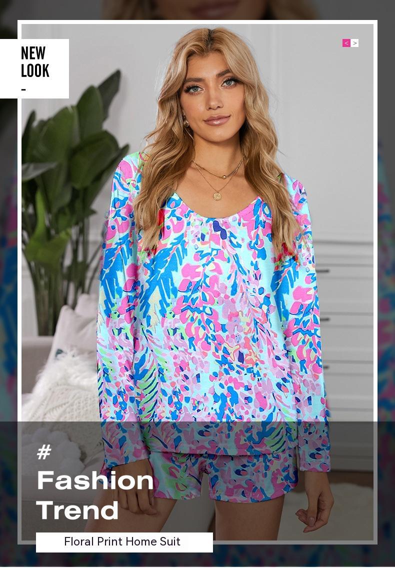 Long Sleeve Shorts Casual Print Top Women's Suit
