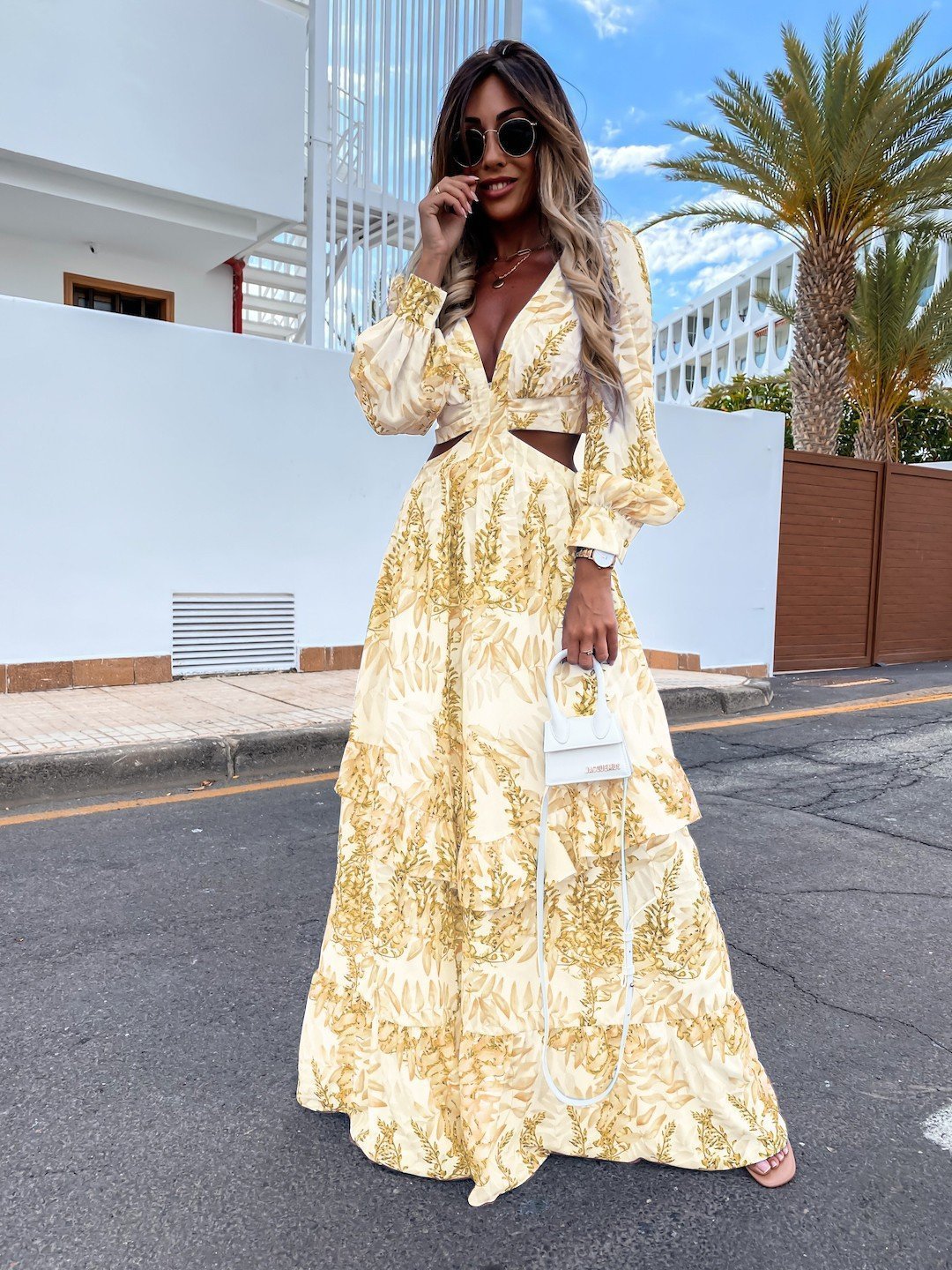 Hollow Floor V-neck Long-sleeve Plant Dress