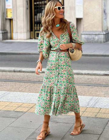 V-neck Puff Sleeve Dress