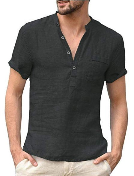 Casual Linen Solid Color Shirt Button V Neck Shirt