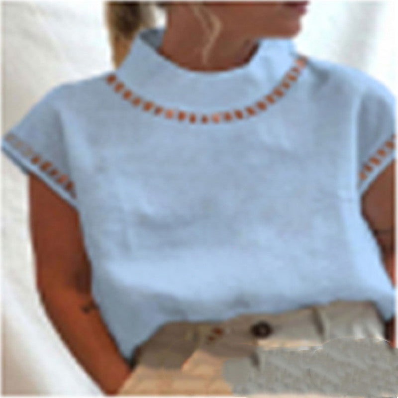 Pullover Solid Color Lace Slim Stand Collar Shirt