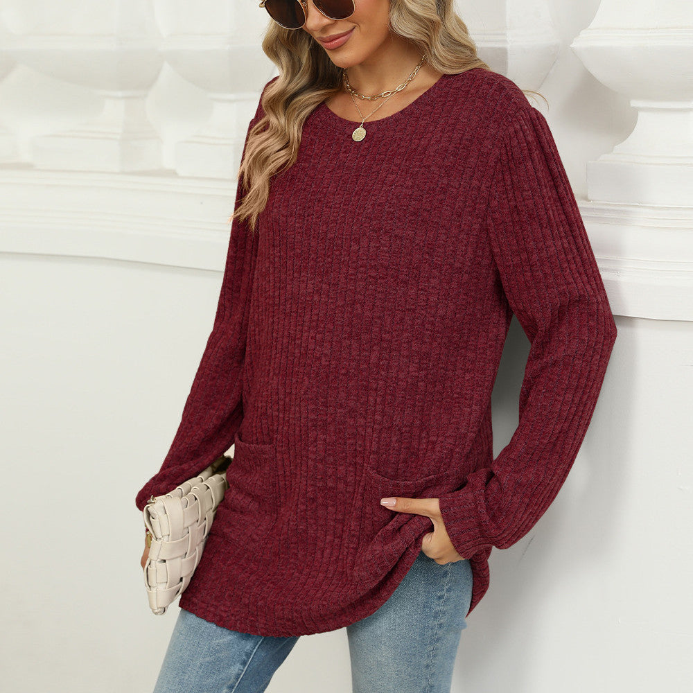 Casual Round Neck Pocket Puff Sleeve Loose Top